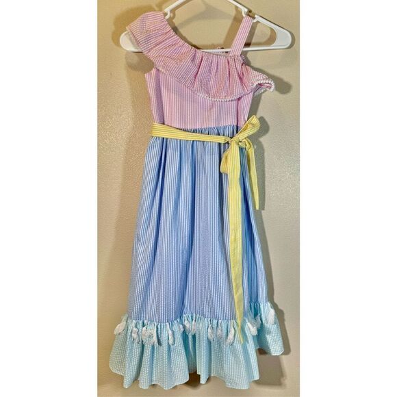 Rare Editions Little Girls Ruffle Neckline Color Block Maxi Seersucker Dress 5 - Picture 2 of 9